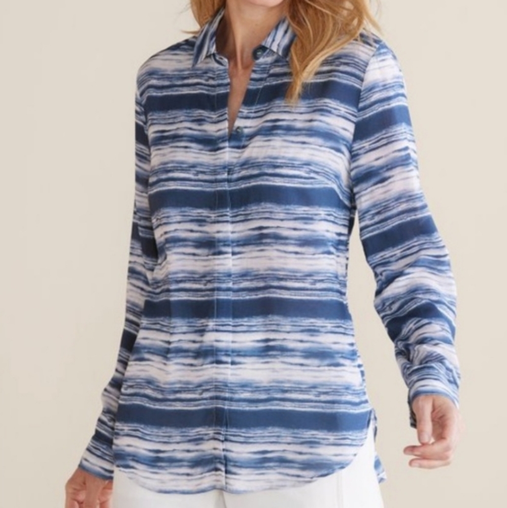 Soft Surroundings Palm Coast Shirt-Womens-Petite Medium-Blue/White‎